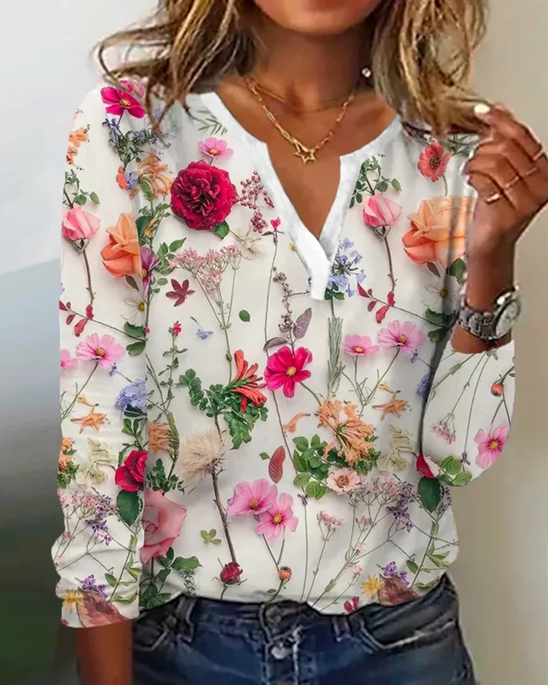 Clea Blouse Femme – Haut Boho Léger avec Décolleté en V, Manches Longues & Imprimé Fleuri