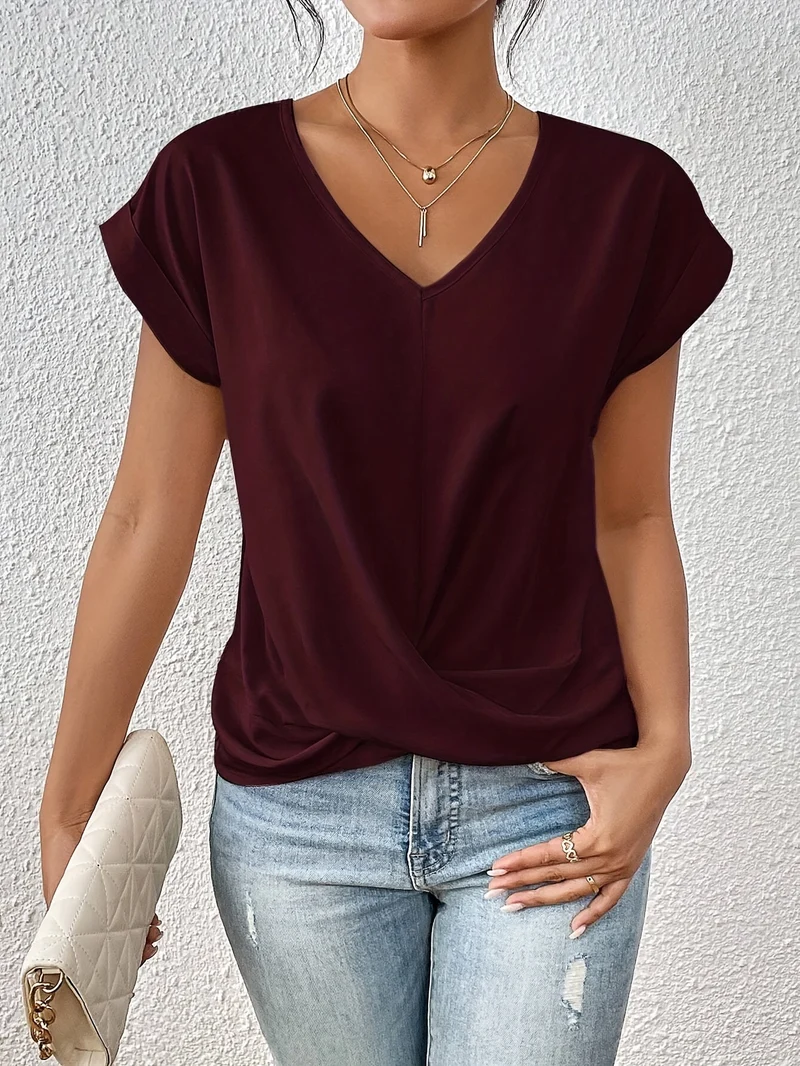 Yasmine Top Femme – Col en V avec Détail Nœud, Drapé Élégant & Coupe Confortable
