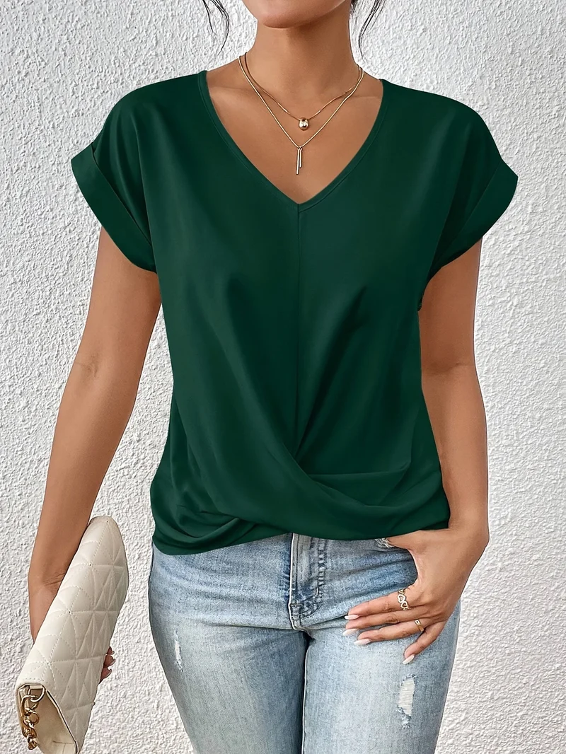 Yasmine Top Femme – Col en V avec Détail Nœud, Drapé Élégant & Coupe Confortable