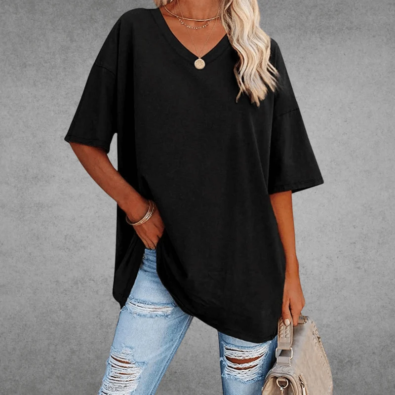 Ninon T-shirt Oversize Femme – Design confortable à col en V & tissu léger et respirant