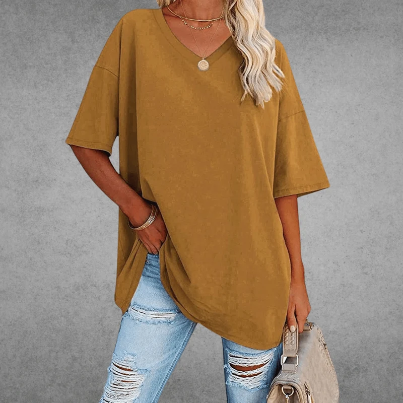Ninon T-shirt Oversize Femme – Design confortable à col en V & tissu léger et respirant