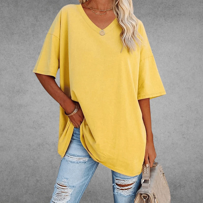 Ninon T-shirt Oversize Femme – Design confortable à col en V & tissu léger et respirant