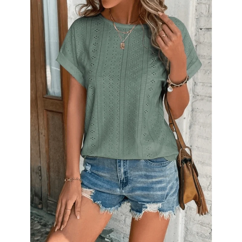 Isaure Blouse Brodée Femme – Tissu Léger, Manches Courtes et Style Décontracté Chic par Looksy