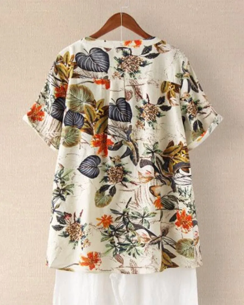 T-Shirt Femme Elisse – T-Shirt Décontracté à Imprimé Fleuri, Mix Coton-Lin & Détail Noué