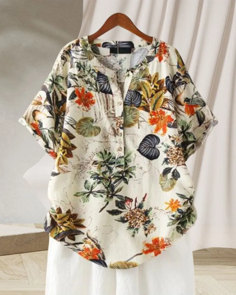 T-Shirt Femme Elisse – T-Shirt Décontracté à Imprimé Fleuri, Mix Coton-Lin & Détail Noué