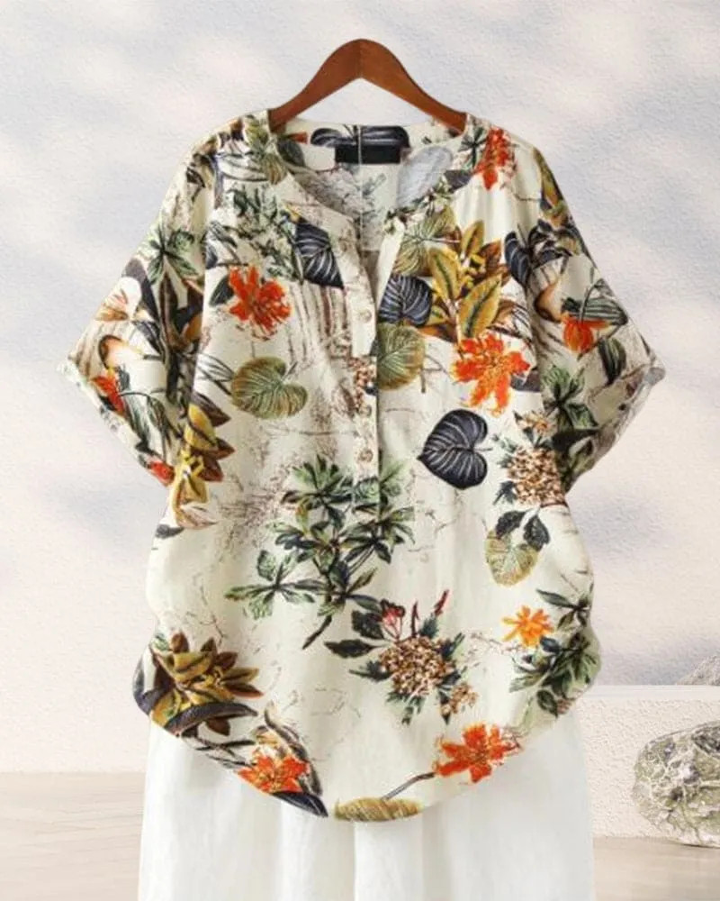 T-Shirt Femme Elisse – T-Shirt Décontracté à Imprimé Fleuri, Mix Coton-Lin & Détail Noué