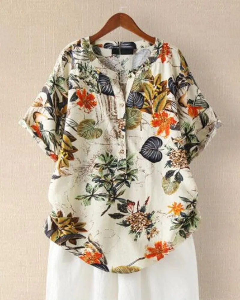 T-Shirt Femme Elisse – T-Shirt Décontracté à Imprimé Fleuri, Mix Coton-Lin & Détail Noué