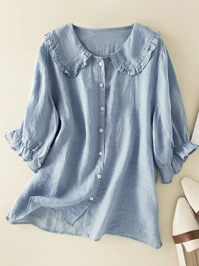 Jillian Blouse Femme – Chemise Ample en Coton-Lin avec Col Claudine à Volants Chic
