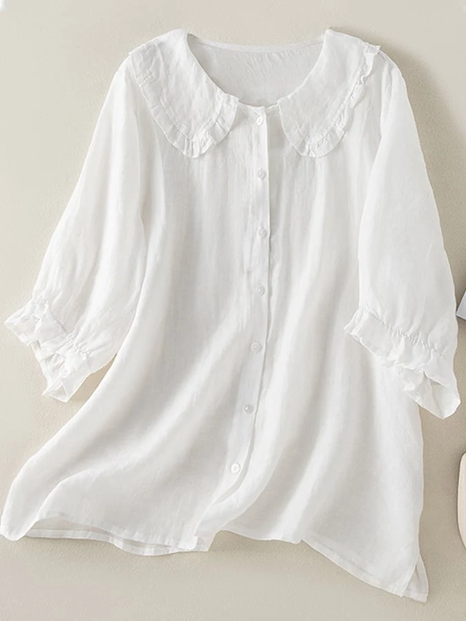 Jillian Blouse Femme – Chemise Ample en Coton-Lin avec Col Claudine à Volants Chic