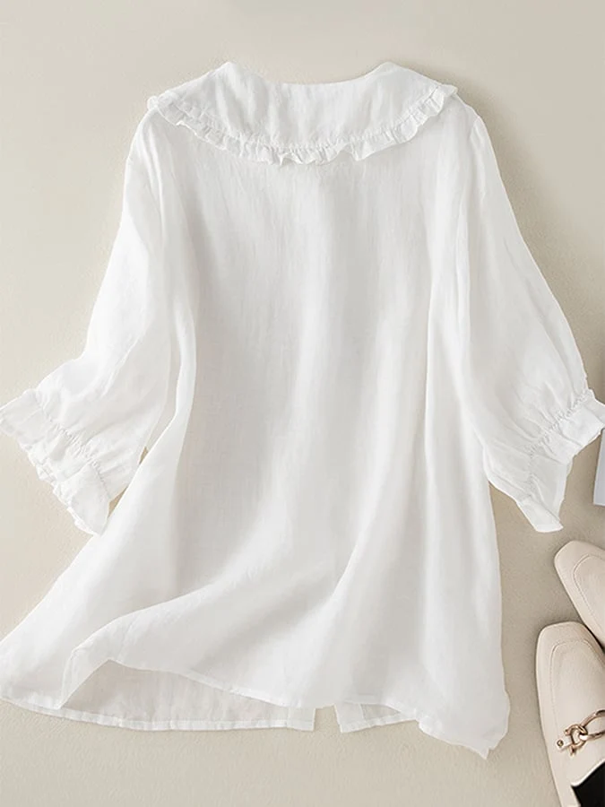 Jillian Blouse Femme – Chemise Ample en Coton-Lin avec Col Claudine à Volants Chic
