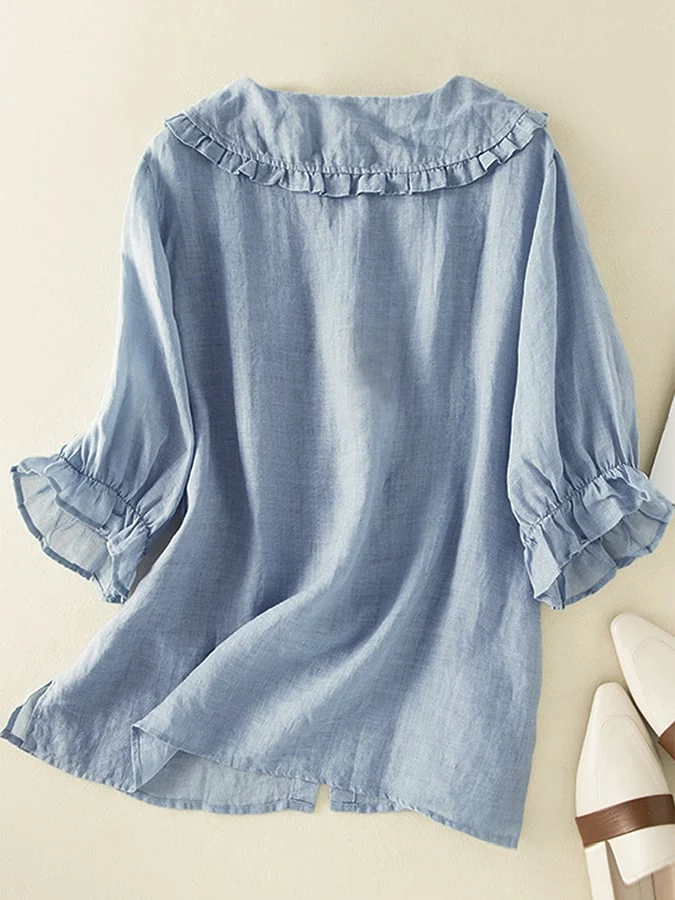 Jillian Blouse Femme – Chemise Ample en Coton-Lin avec Col Claudine à Volants Chic