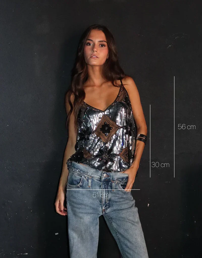 Diana Haut Femme – Élégant Design Floral Semi-Transparent avec Paillettes et Col en V
