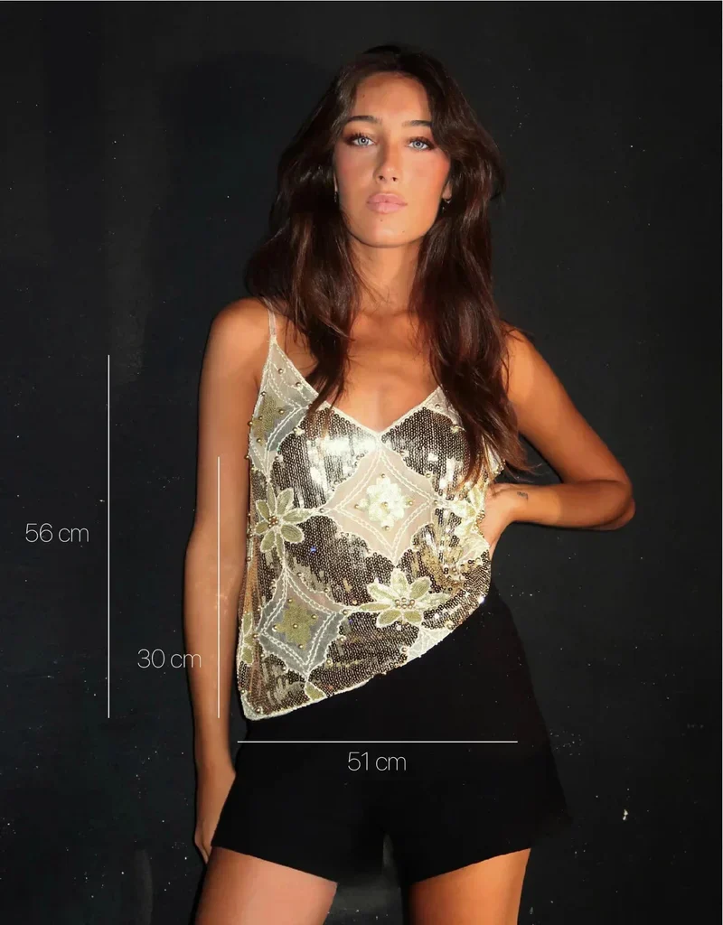 Diana Haut Femme – Élégant Design Floral Semi-Transparent avec Paillettes et Col en V