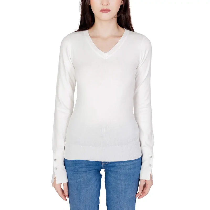 Guess - Pull en coton blanc à col en V pour femme