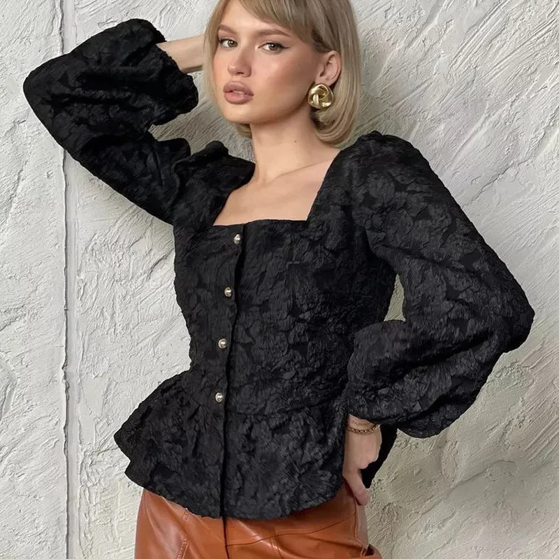 Charlotte Blouse Femme – Haut Jacquard Élégant avec Encolure Carrée & Manches Longues Chic