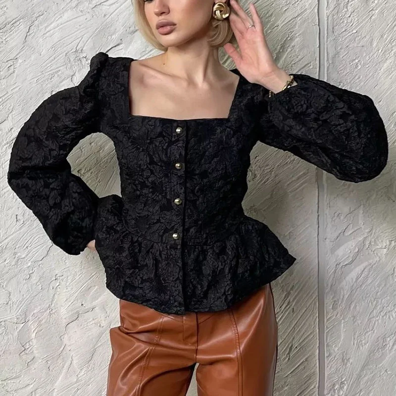 Charlotte Blouse Femme – Haut Jacquard Élégant avec Encolure Carrée & Manches Longues Chic