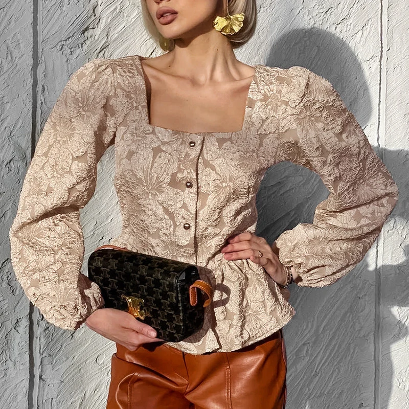 Charlotte Blouse Femme – Haut Jacquard Élégant avec Encolure Carrée & Manches Longues Chic