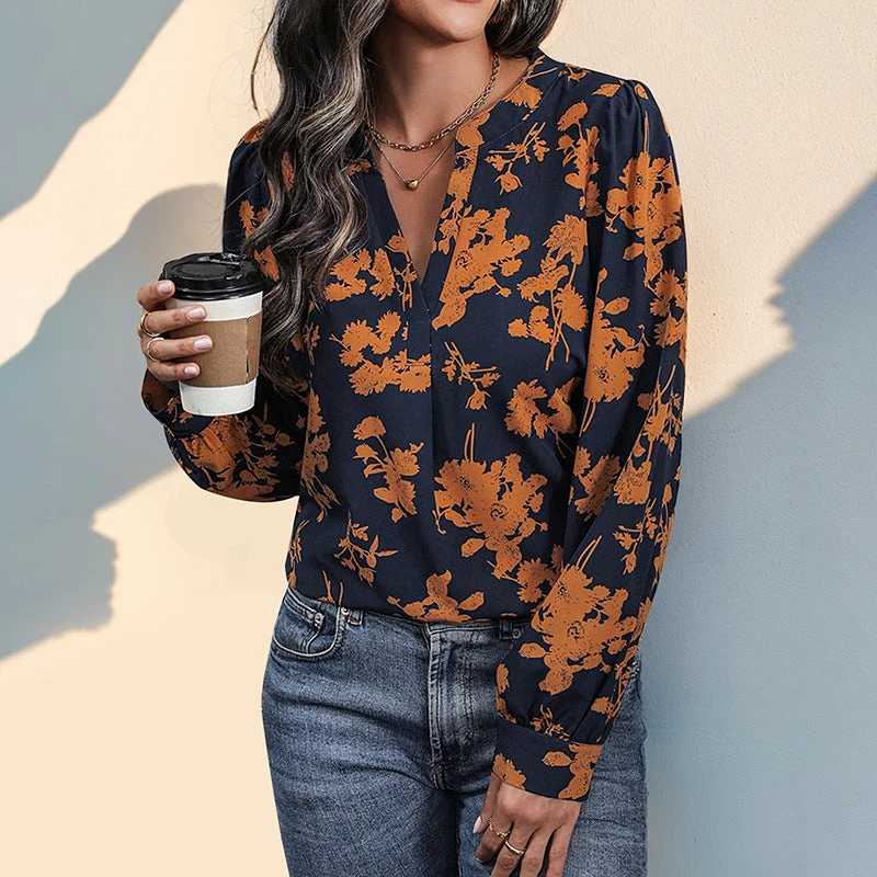 Sadie Blouse Femme – Haut Léger à Col en V avec Imprimé & Manches Longues pour un Style d’Automne
