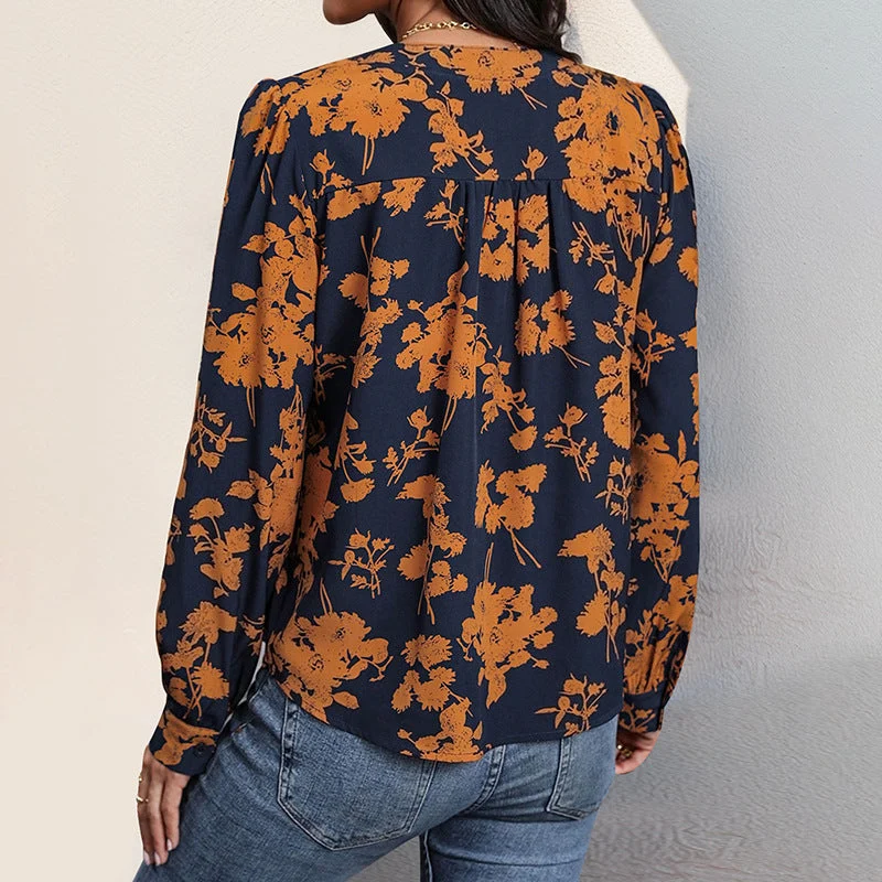 Sadie Blouse Femme – Haut Léger à Col en V avec Imprimé & Manches Longues pour un Style d’Automne