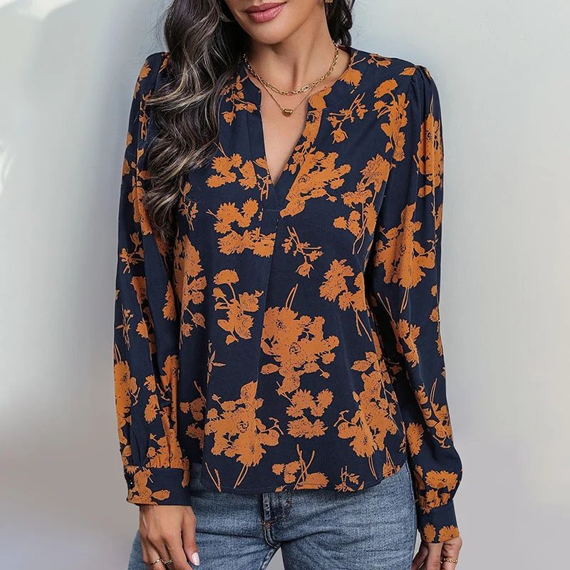 Sadie Blouse Femme – Haut Léger à Col en V avec Imprimé & Manches Longues pour un Style d’Automne