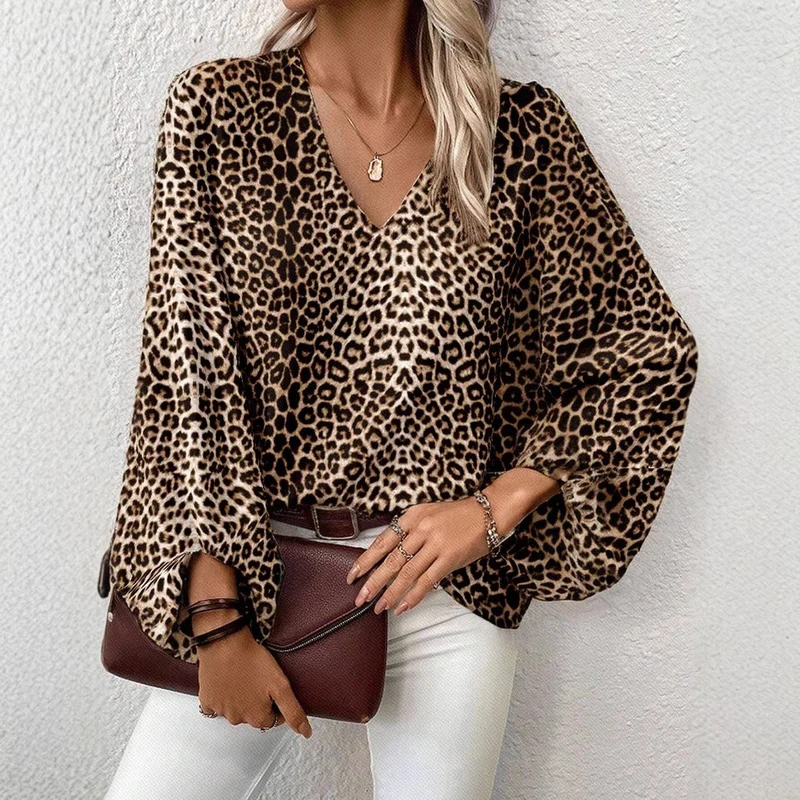 Claire Blouse Femme – Blouse Léopard à Col en V avec Manches Longues & Coupe Regular Confortable