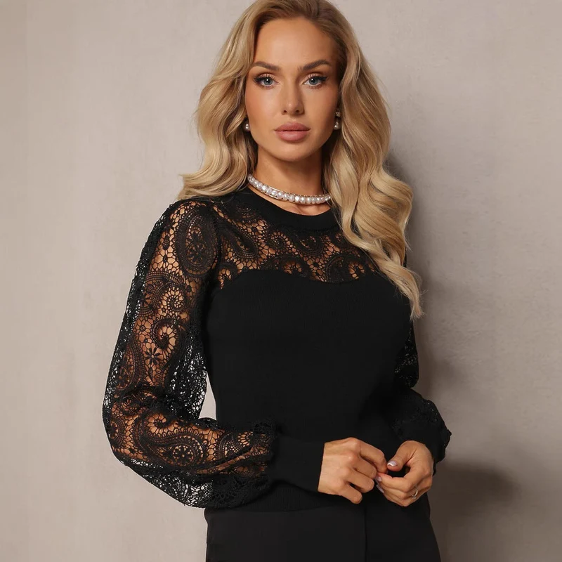 Eliana Pull Femme – Pull Ajouré avec Détails en Dentelle, Manches Longues & Coupe Élégante