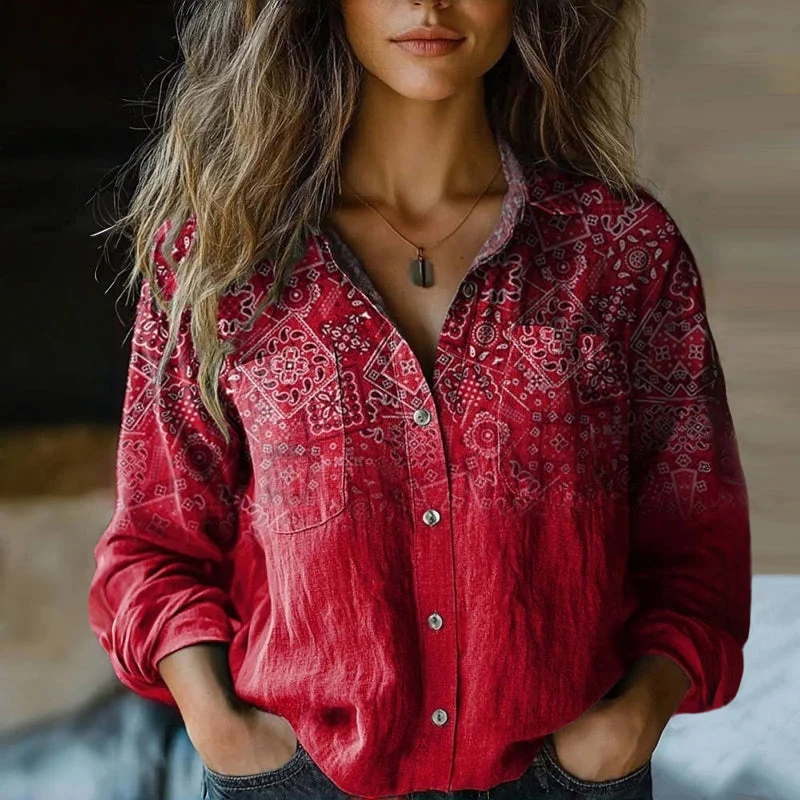 Mira Blouse Vintage Femme – Blouse Aérée avec Imprimé Ethnique, Col à Revers & Manches Longues
