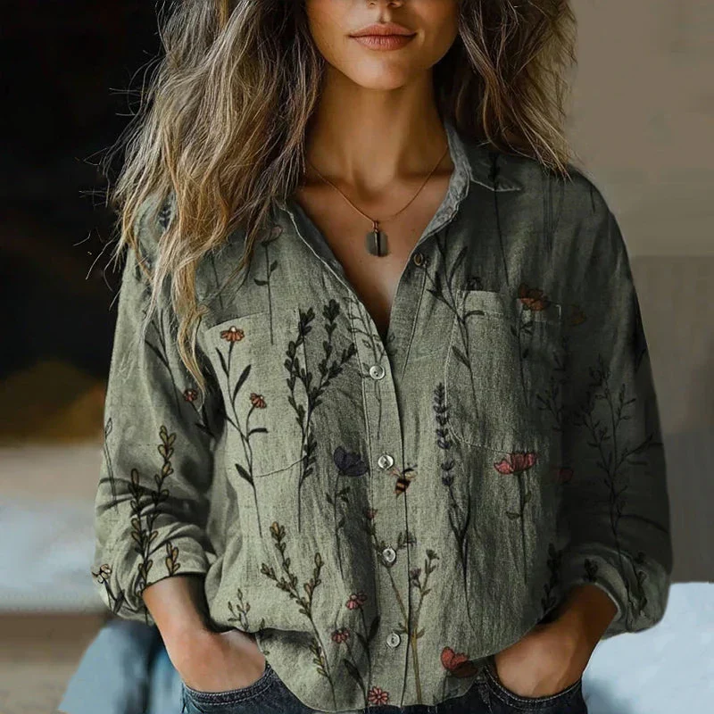 Mira Blouse Vintage Femme – Blouse Aérée avec Imprimé Ethnique, Col à Revers & Manches Longues