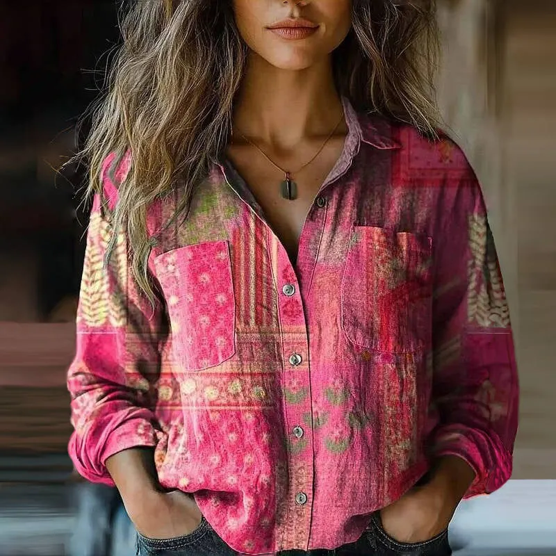 Mira Blouse Vintage Femme – Blouse Aérée avec Imprimé Ethnique, Col à Revers & Manches Longues