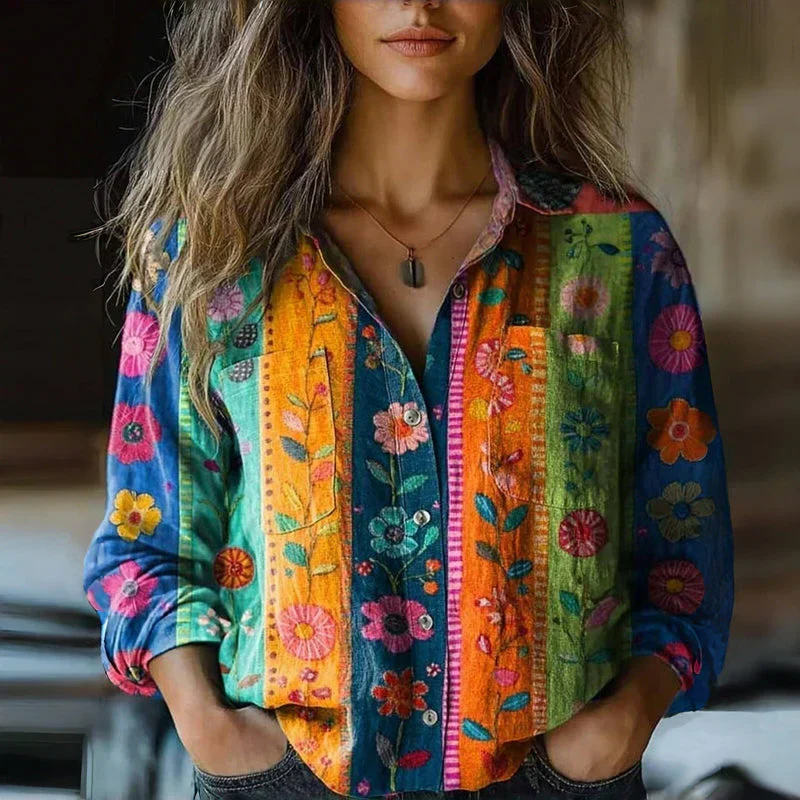 Mira Blouse Vintage Femme – Blouse Aérée avec Imprimé Ethnique, Col à Revers & Manches Longues