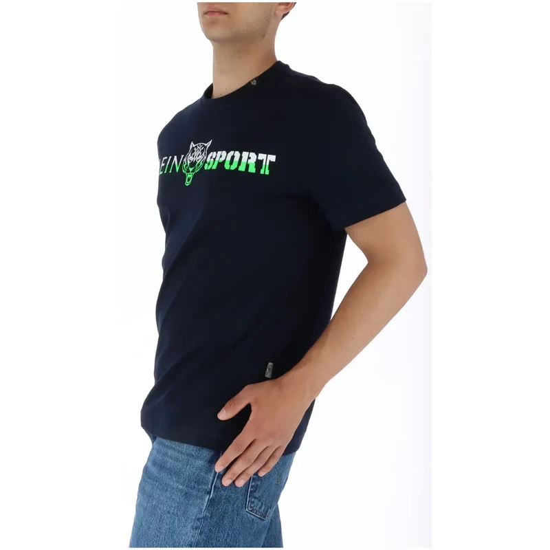 Plein Sport T-Shirt bleu en coton avec impression et col rond