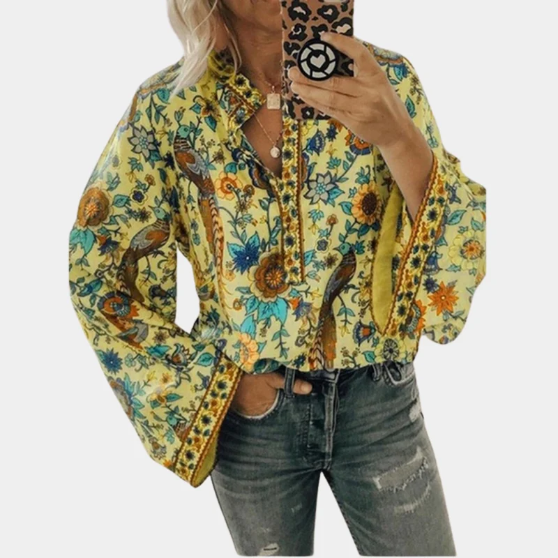 Cynthia Blouse Femme – Haut Fleuri à Manches Bouffantes & Tissu Respirant pour Été Élégant