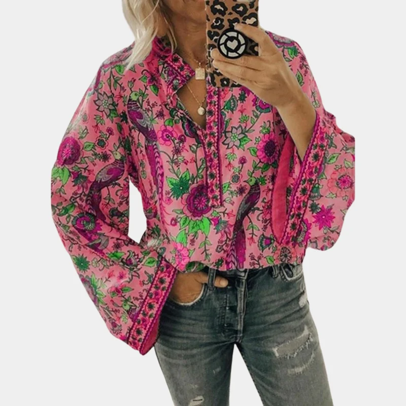 Cynthia Blouse Femme – Haut Fleuri à Manches Bouffantes & Tissu Respirant pour Été Élégant