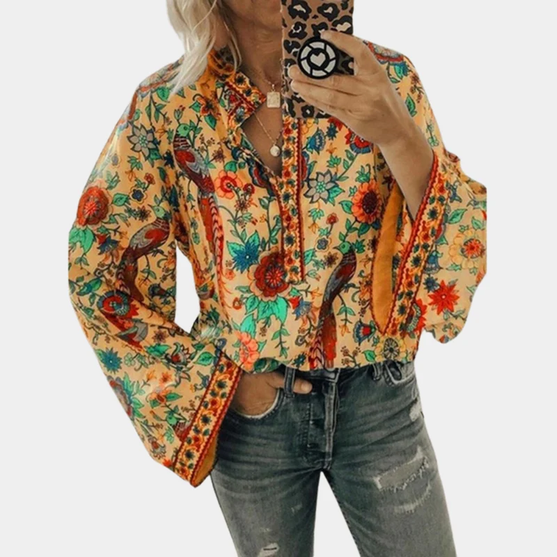 Cynthia Blouse Femme – Haut Fleuri à Manches Bouffantes & Tissu Respirant pour Été Élégant