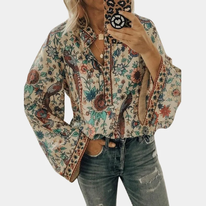 Cynthia Blouse Femme – Haut Fleuri à Manches Bouffantes & Tissu Respirant pour Été Élégant