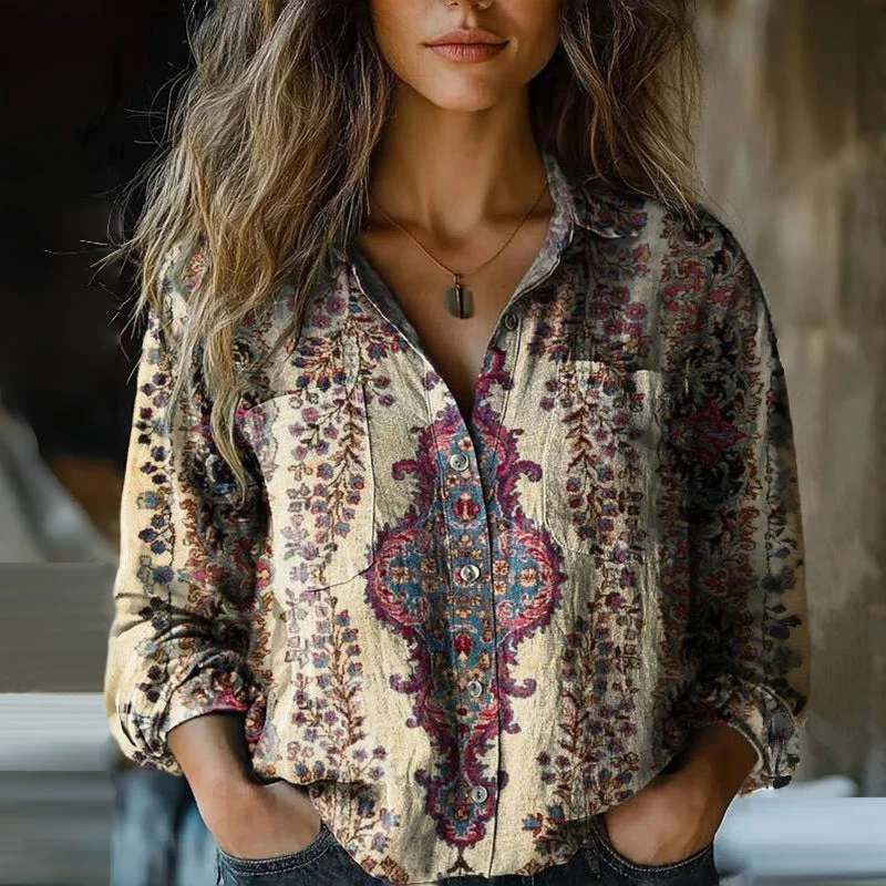 Blouse Vintage Lina – Blouse Élégante à Motif Floral, Manches Longues & Col Chic