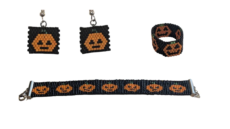 Parure Complète Bijoux Tissés – Citrouille d'Automne (Boucles d'Oreilles, Bague & Bracelet)