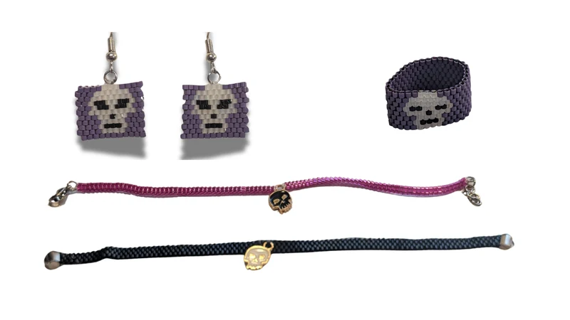 Parure Complète Bijoux Tissés – Crâne Violet & Charms (Boucles d'Oreilles, Bague & Bracelet au choix)