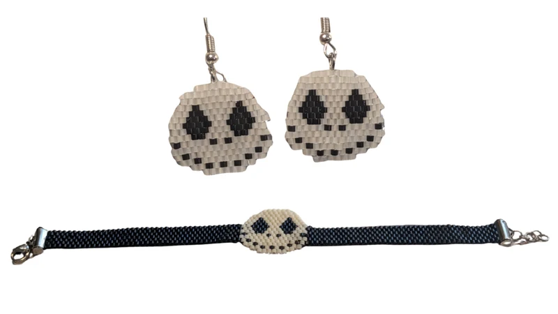 Parure Bijoux Tissés – Squelette Souriant (Bracelet & Boucles d'Oreilles)