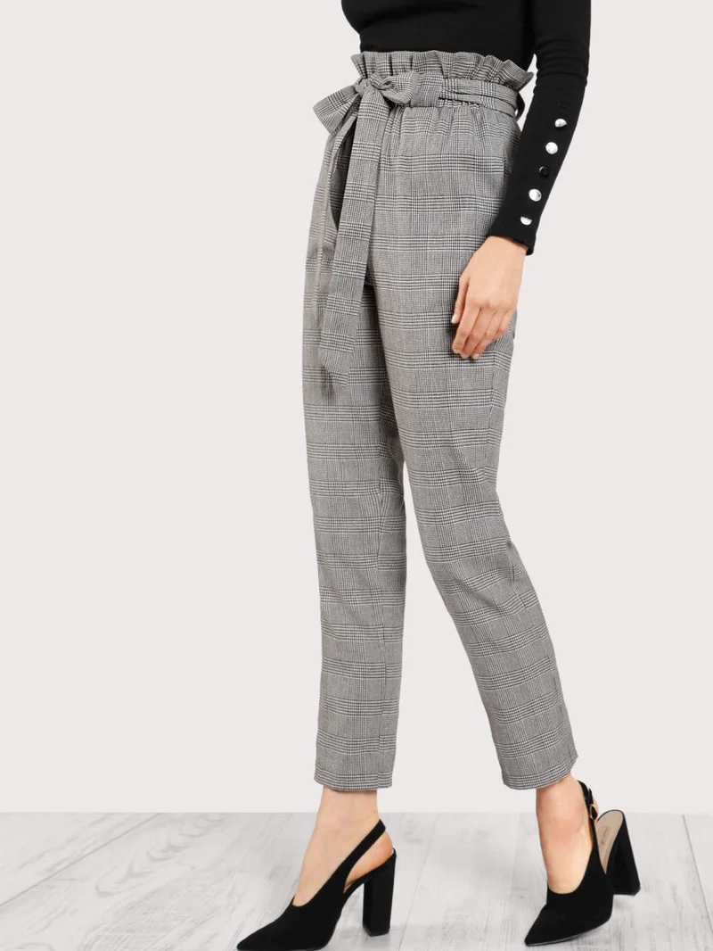 Frilled Tie Waist Plaid Pants