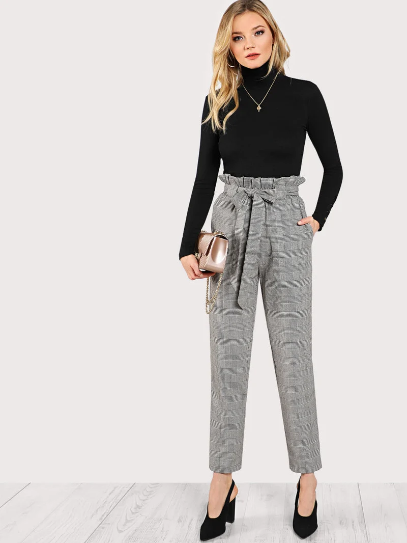 Frilled Tie Waist Plaid Pants
