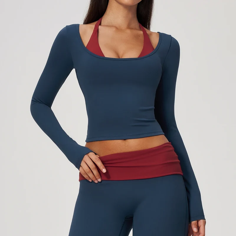 SPARK Women’s Color Block Halter Yoga Long Sleeve Top ZC2585