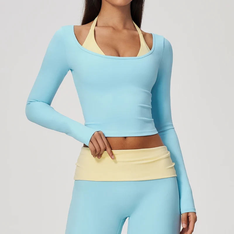 SPARK Women’s Color Block Halter Yoga Long Sleeve Top ZC2585