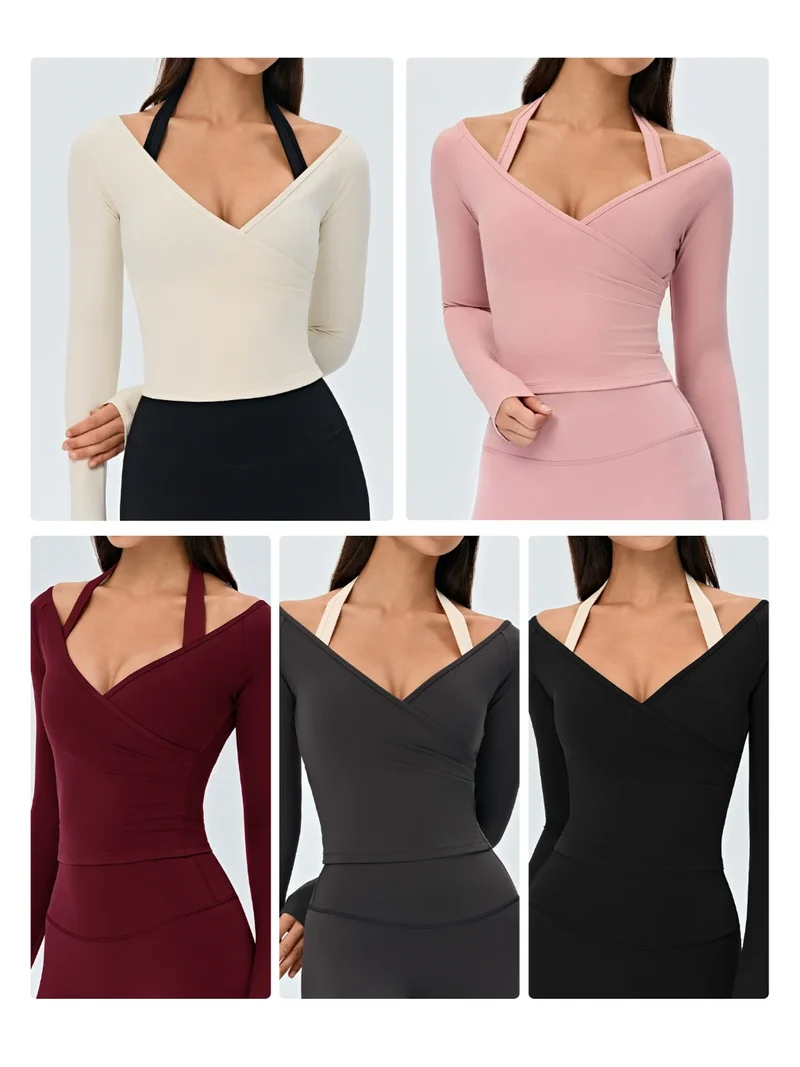 SPARK Women's Cross Ruched V-Neck Long-Sleeve Yoga Top DS526059