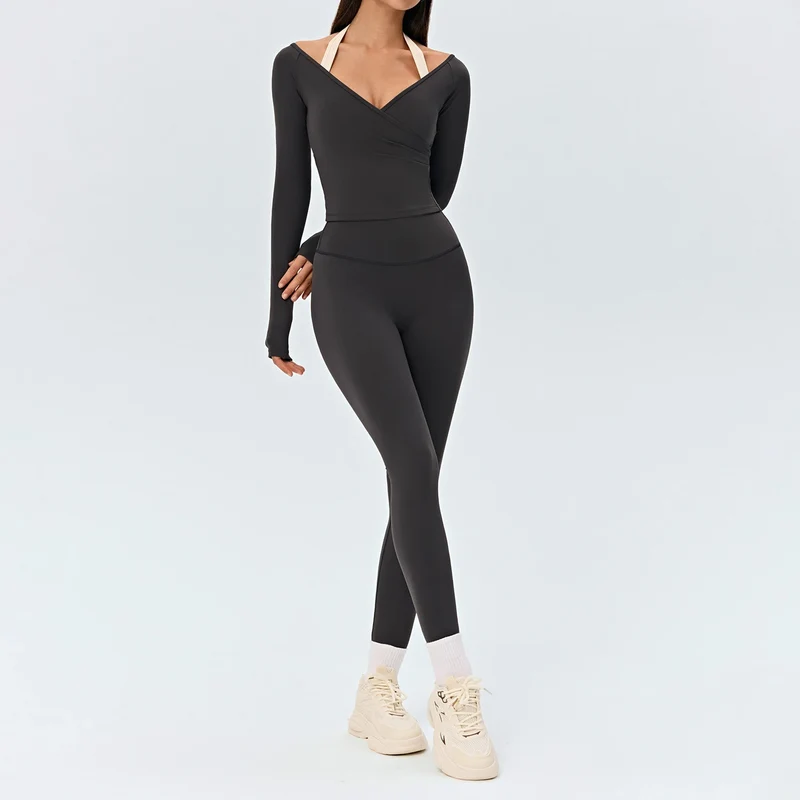 SPARK Women's Cross Ruched V-Neck Long-Sleeve Yoga Top DS526059