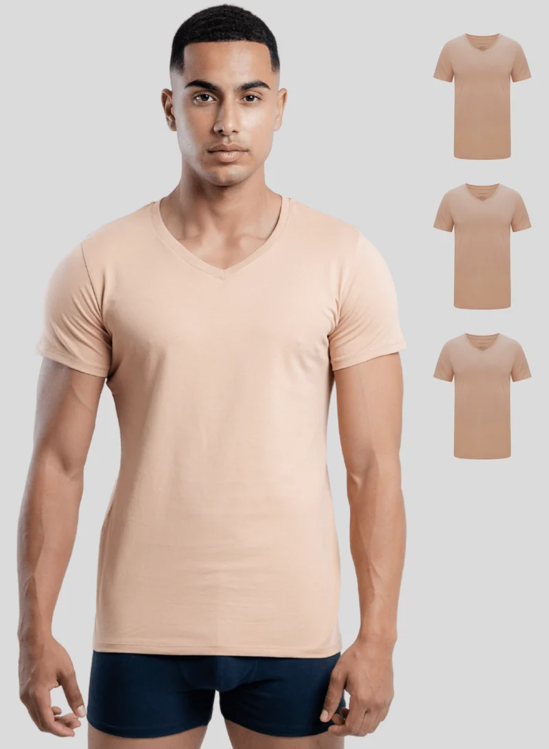 3er Pack Unterhemd Herren V-Ausschnitt aus Stretch-Baumwolle (Weiß, Schwarz, Beige)