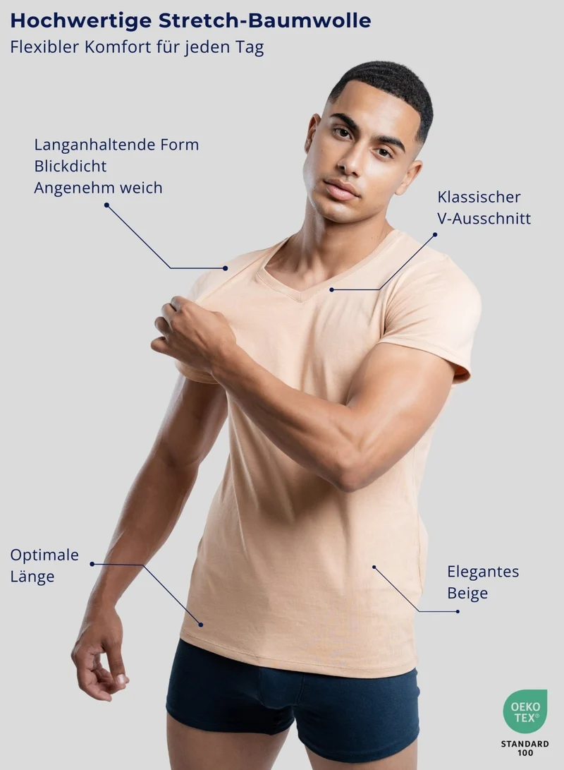 3er Pack Unterhemd Herren V-Ausschnitt aus Stretch-Baumwolle (Weiß, Schwarz, Beige)