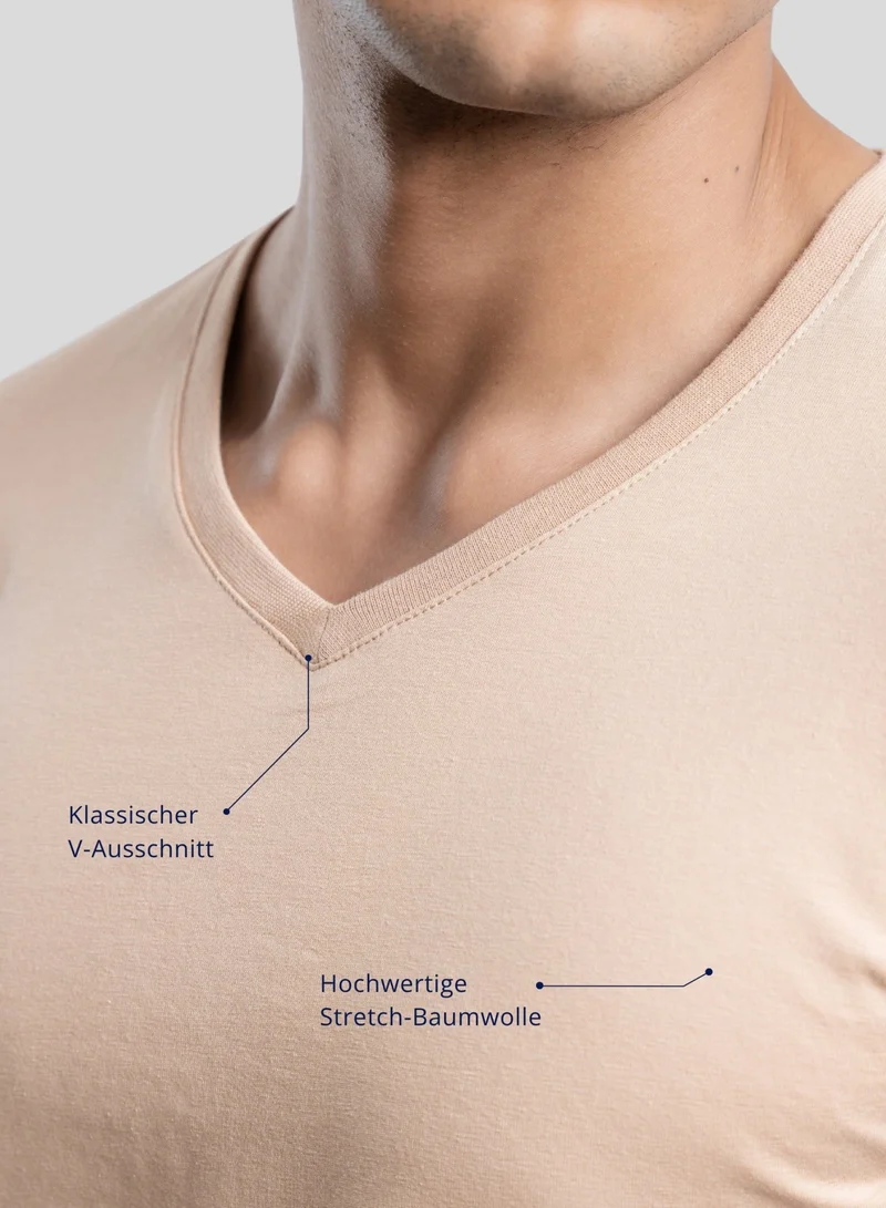 3er Pack Unterhemd Herren V-Ausschnitt aus Stretch-Baumwolle (Weiß, Schwarz, Beige)