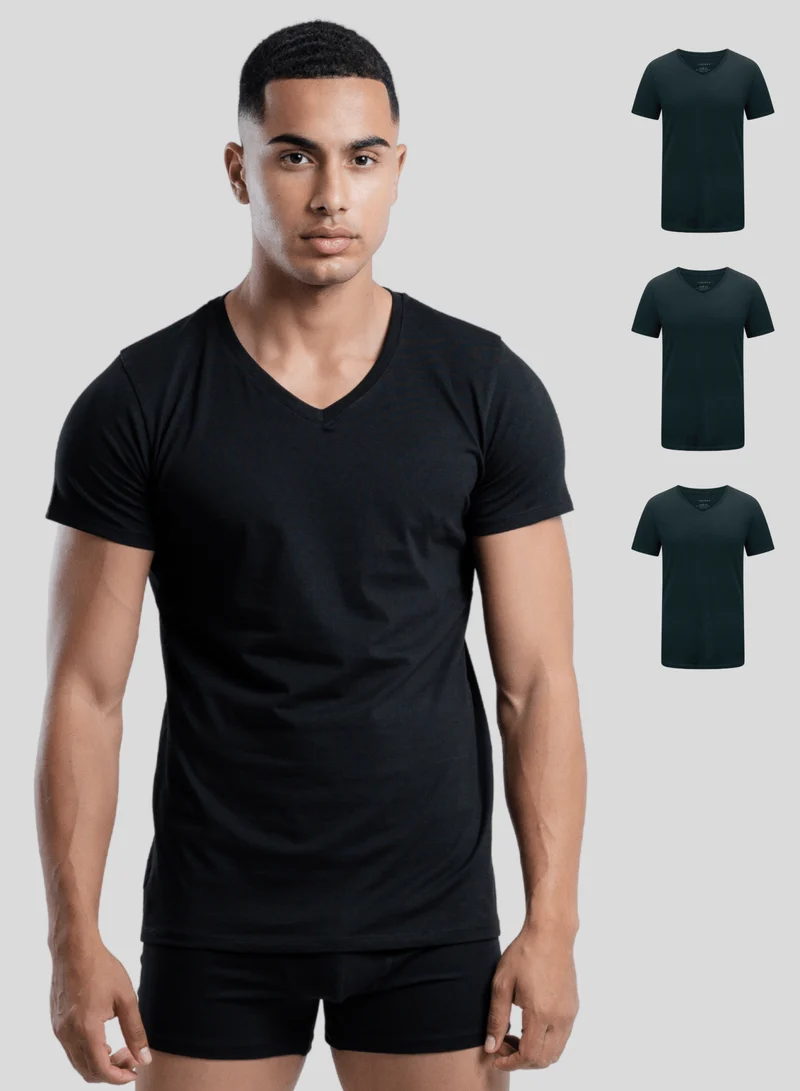 3er Pack Unterhemd Herren V-Ausschnitt aus Stretch-Baumwolle (Weiß, Schwarz, Beige)