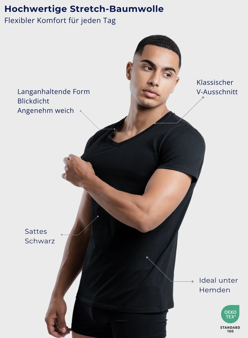 3er Pack Unterhemd Herren V-Ausschnitt aus Stretch-Baumwolle (Weiß, Schwarz, Beige)